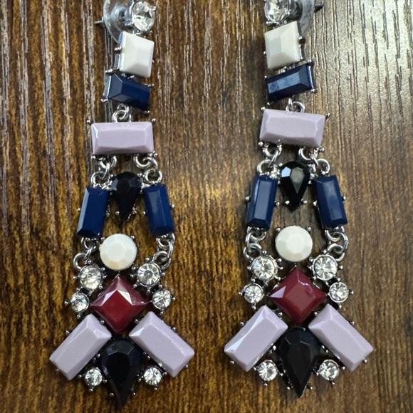 Jewelry - Silver Tone Blue Purple White Black Rhinestone Dangle Drop Earrings Statement